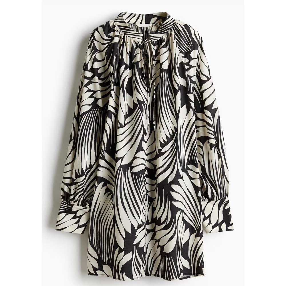 HM Black Cream Leaf Print Oversized Mini Dress Ballon Sleeve XS 1241413004